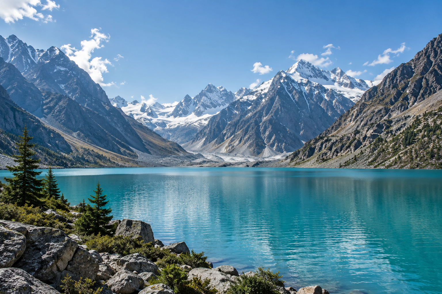 Illustrative mountain lake landscape